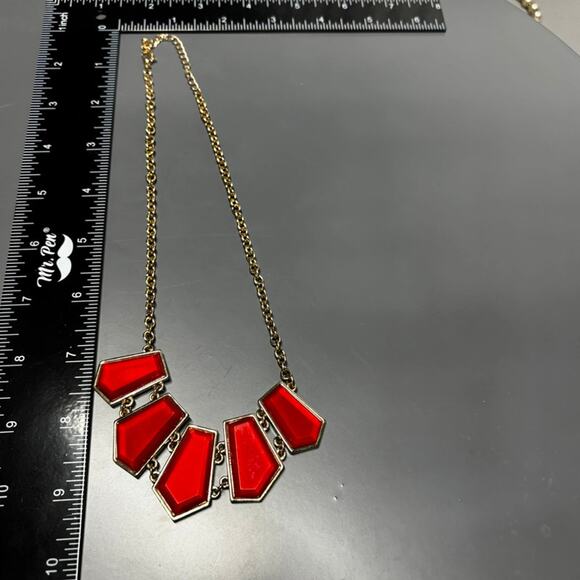 Bold Red Geometric Statement Necklace | Gold Tone Modern Jewelry - Picture 5 of 5